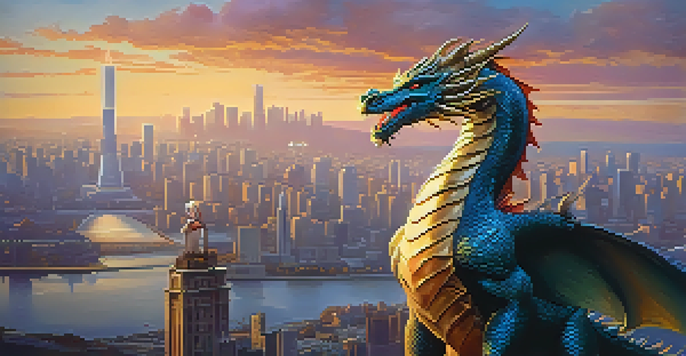 A modern hero facing a colorful dragon in front of a city skyline at sunset.