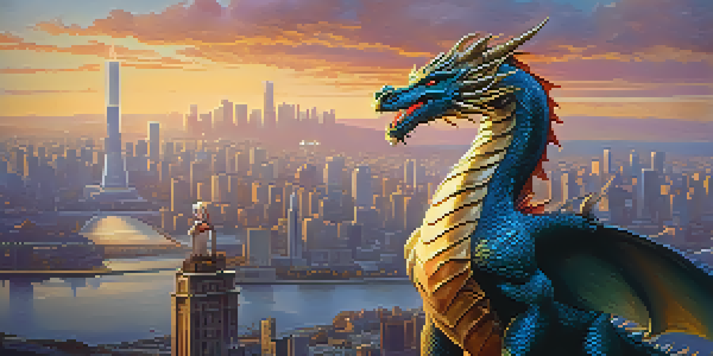 A modern hero facing a colorful dragon in front of a city skyline at sunset.