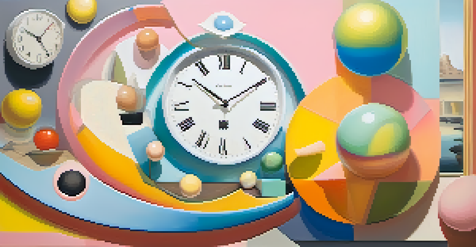 An abstract art piece showcasing surreal elements like floating clocks and distorted objects, using a whimsical pastel color palette.