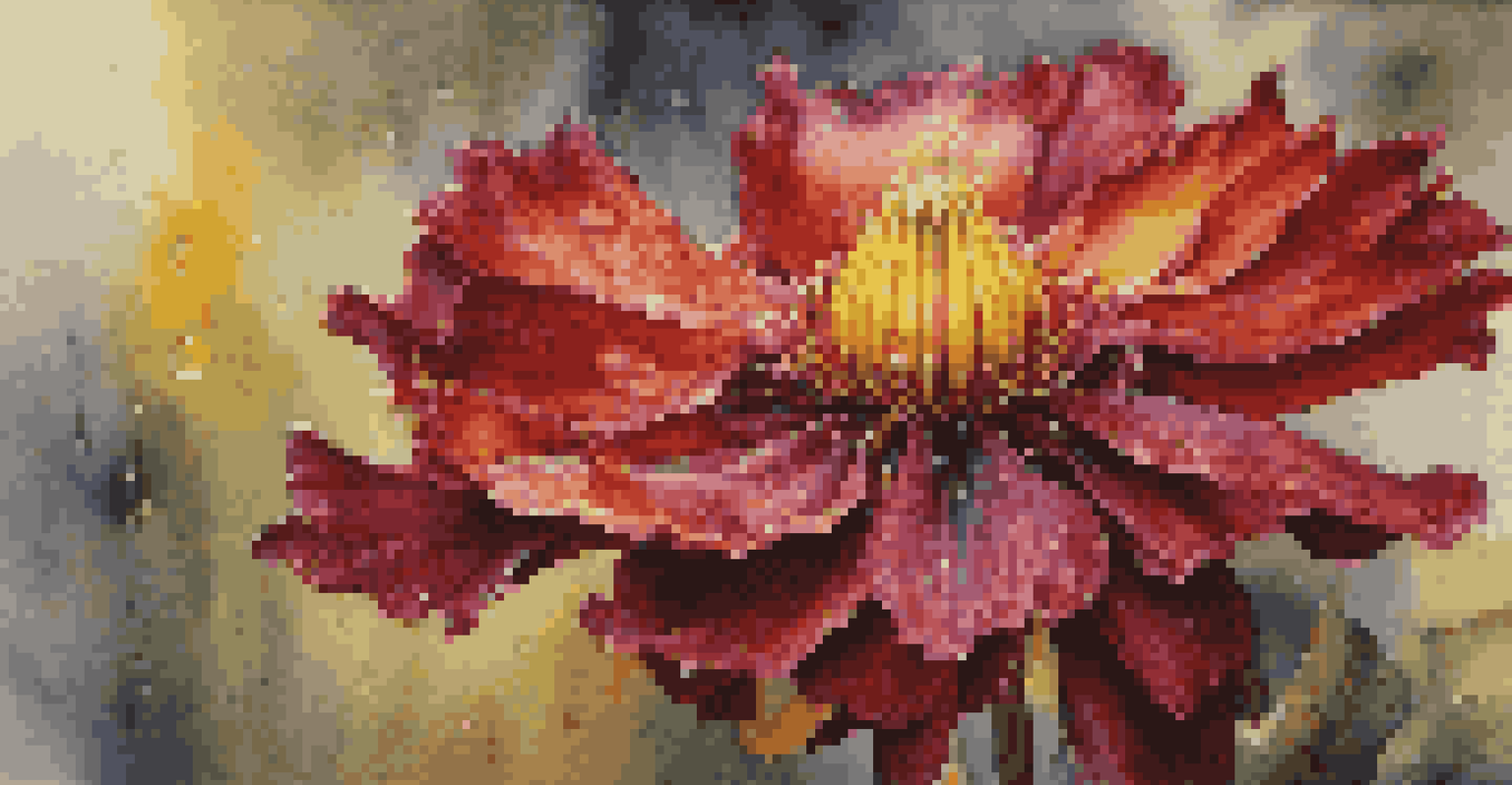 A close-up of a wilting flower with colorful petals and dew drops, set against a softly blurred garden background.