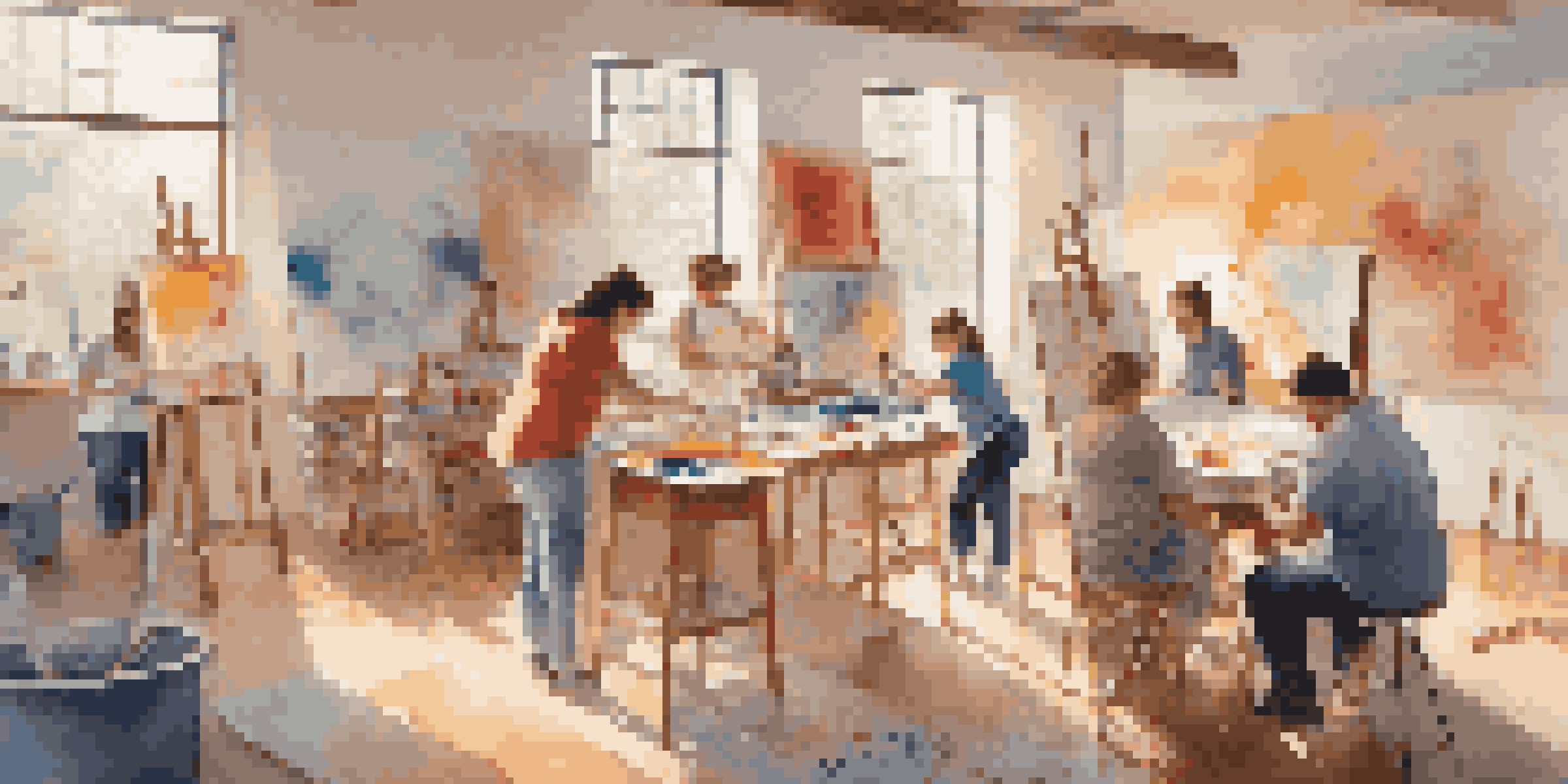 Individuals with special needs actively creating art in a bright, welcoming studio filled with colorful materials and natural light.