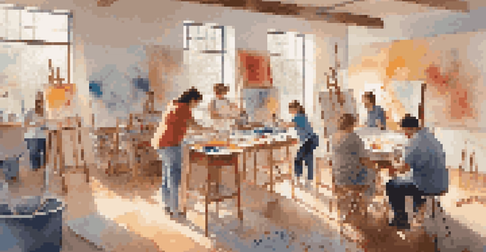 Individuals with special needs actively creating art in a bright, welcoming studio filled with colorful materials and natural light.