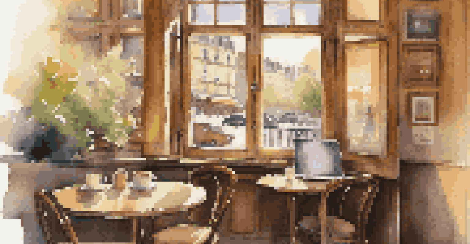 A writer working on a laptop in a quaint Parisian café, with a cup of coffee and a street view.
