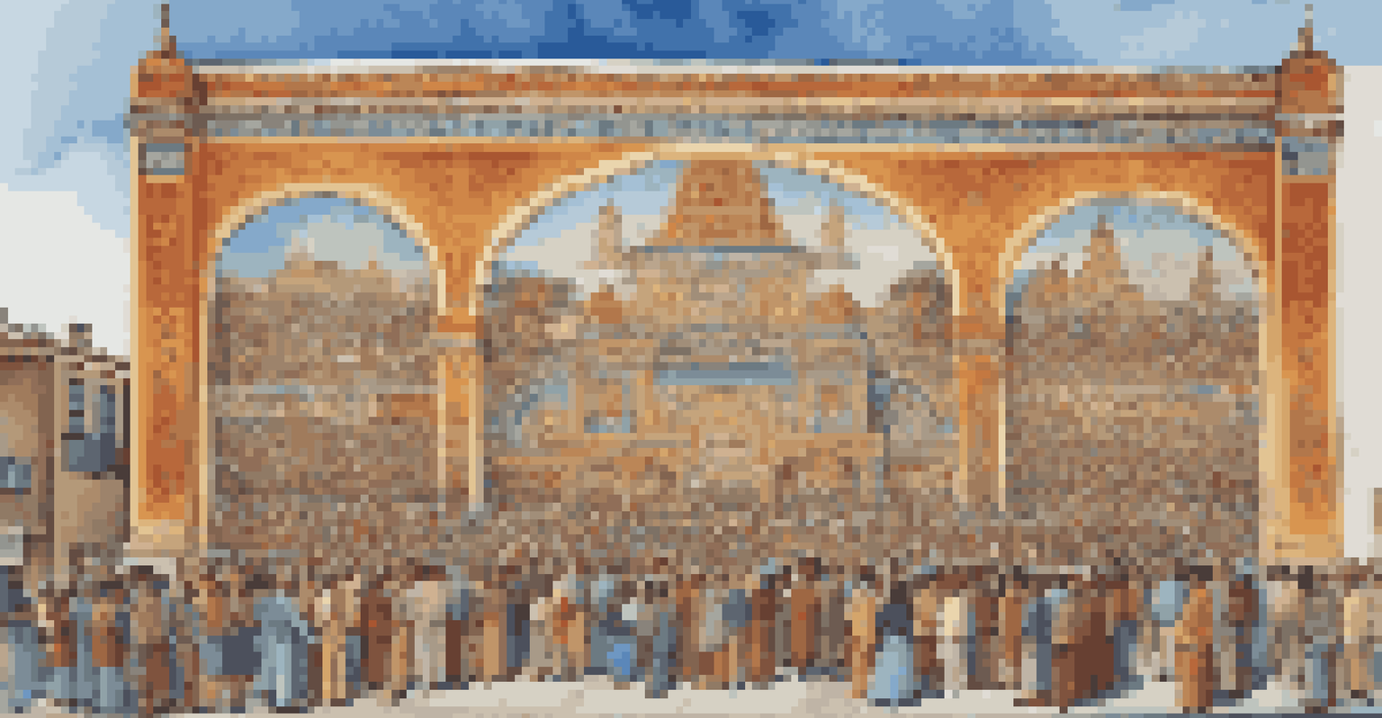 A historic mural on a building illustrating a cultural event, with rich colors and details, under a blue sky and people admiring it.