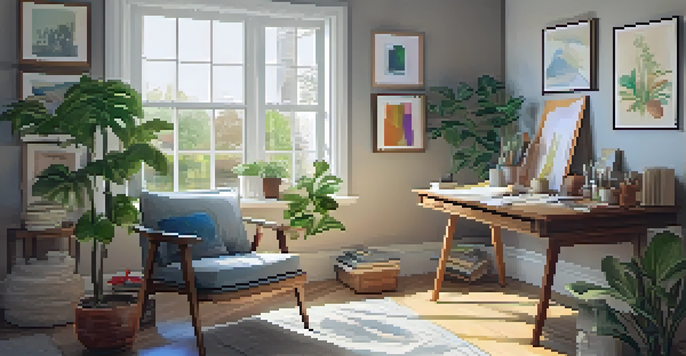 A cozy sketching area with art supplies and natural light pouring in from the windows.