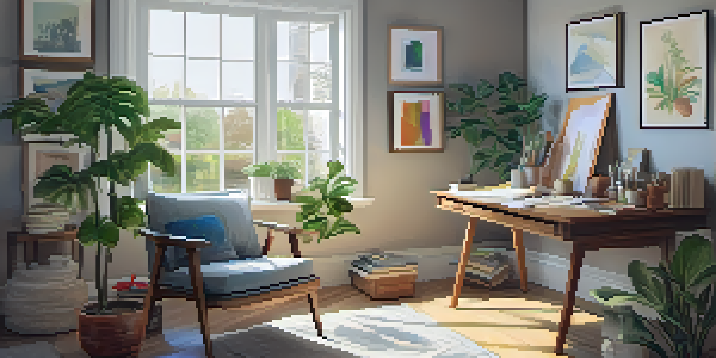 A cozy sketching area with art supplies and natural light pouring in from the windows.