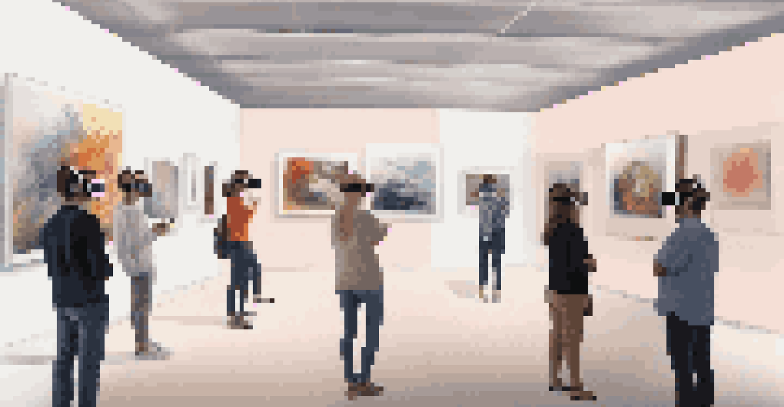 A virtual reality art gallery with visitors exploring 3D artworks wearing VR headsets.