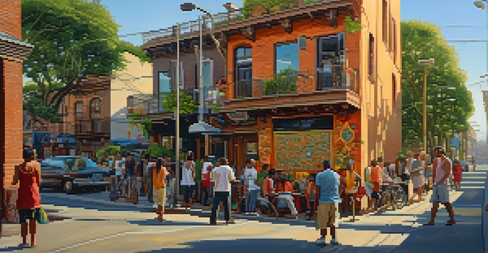 A lively street scene with artists painting colorful murals on a wall, illuminated by warm sunlight, surrounded by urban buildings and greenery.
