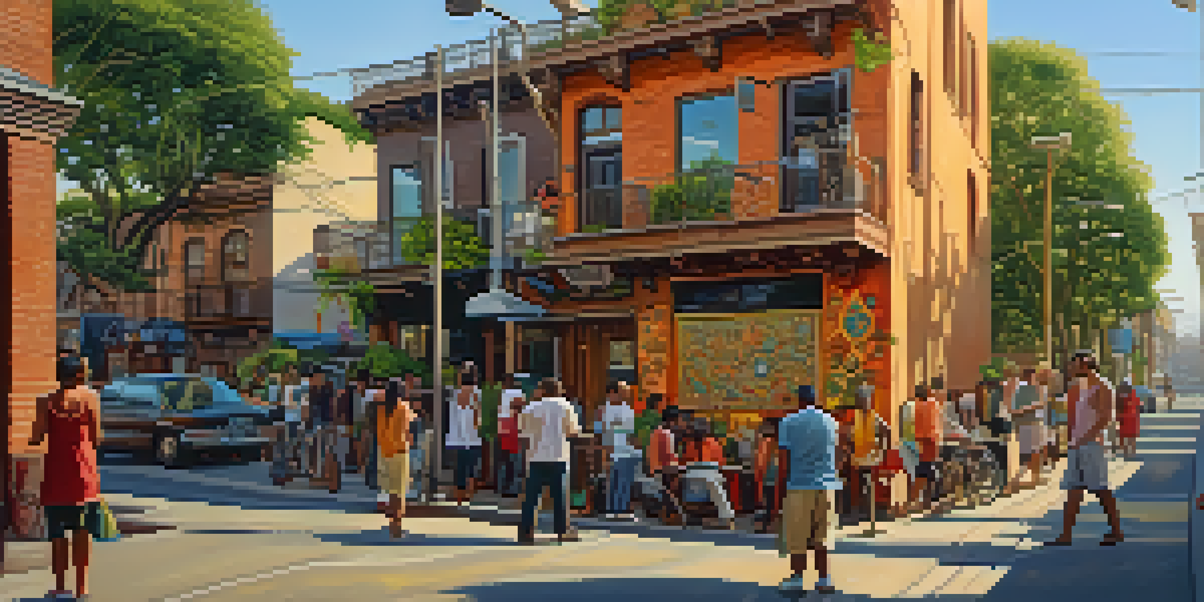 A lively street scene with artists painting colorful murals on a wall, illuminated by warm sunlight, surrounded by urban buildings and greenery.