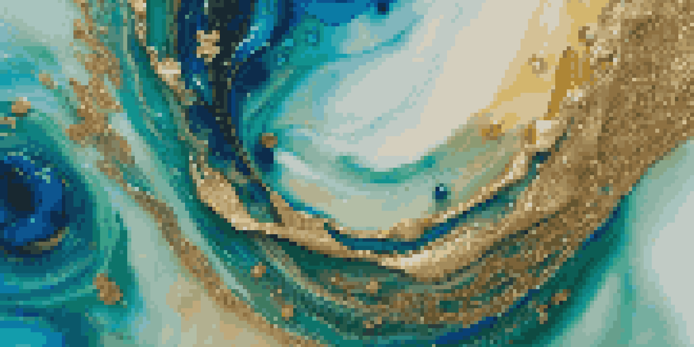 A detailed view of a resin art piece with swirling colors of blue, green, and gold, showcasing glitter and flower petals with a glossy finish.