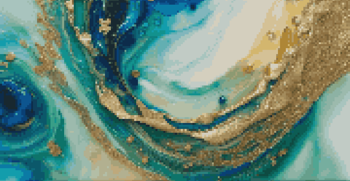 A detailed view of a resin art piece with swirling colors of blue, green, and gold, showcasing glitter and flower petals with a glossy finish.