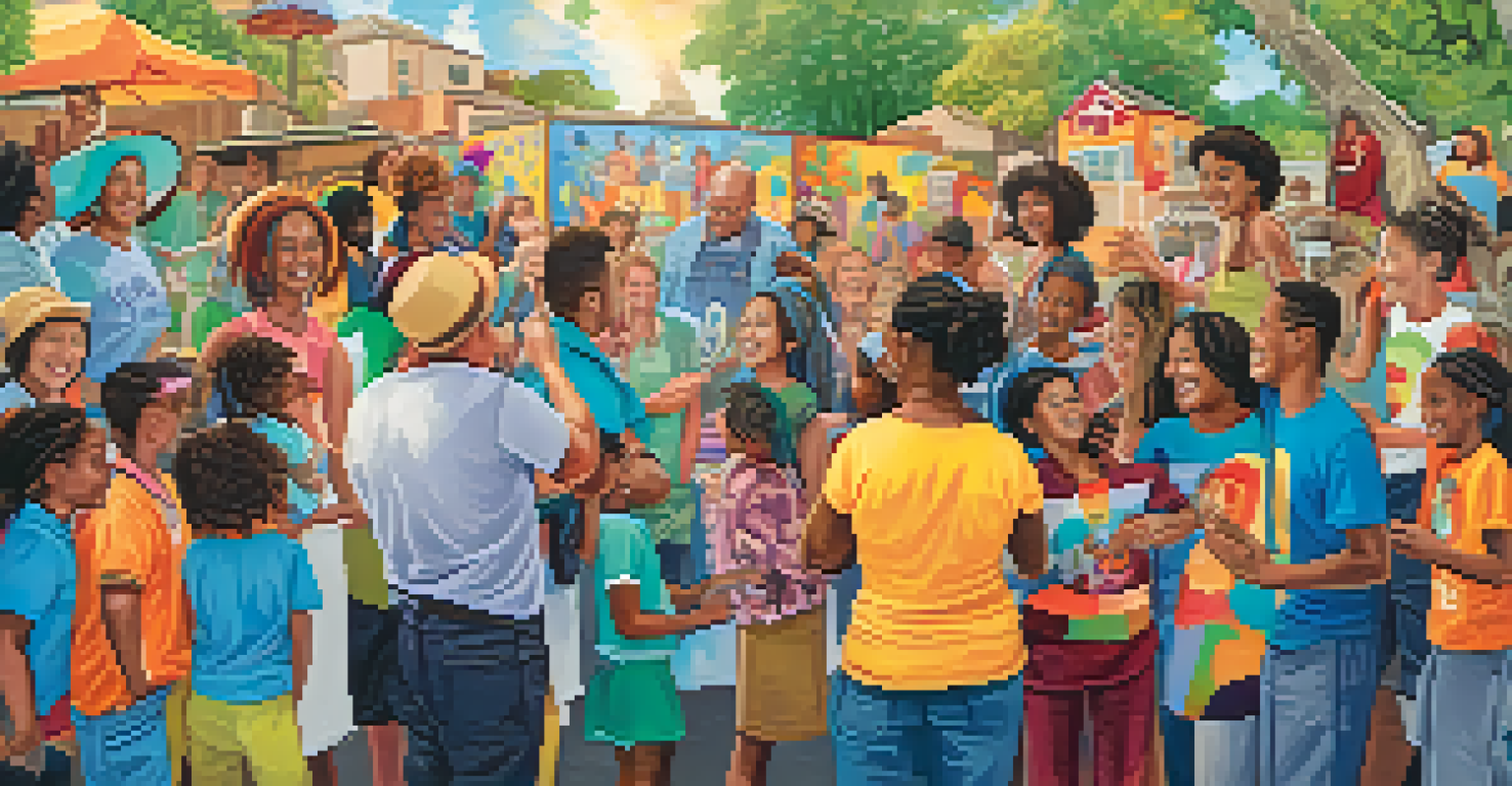 A diverse group of people painting a large mural outdoors, symbolizing resilience and community healing through art.