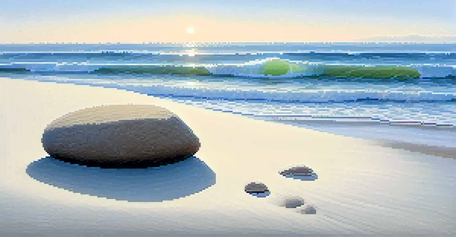 A single rock on white sand with soft sunlight illuminating its texture, set against a blurred ocean horizon.