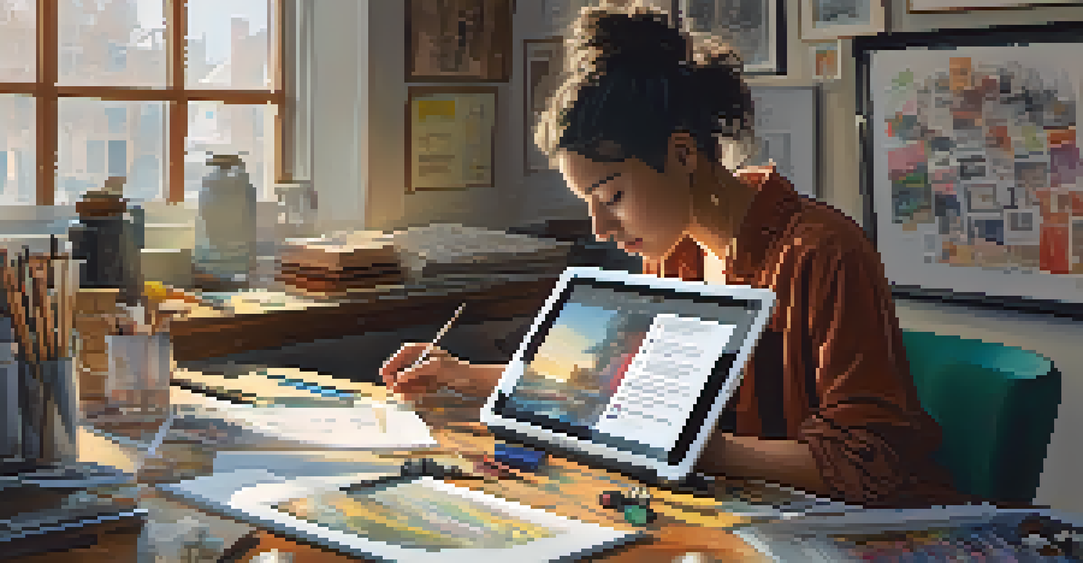 An artist working on a digital tablet, surrounded by sketches in a well-lit workspace.