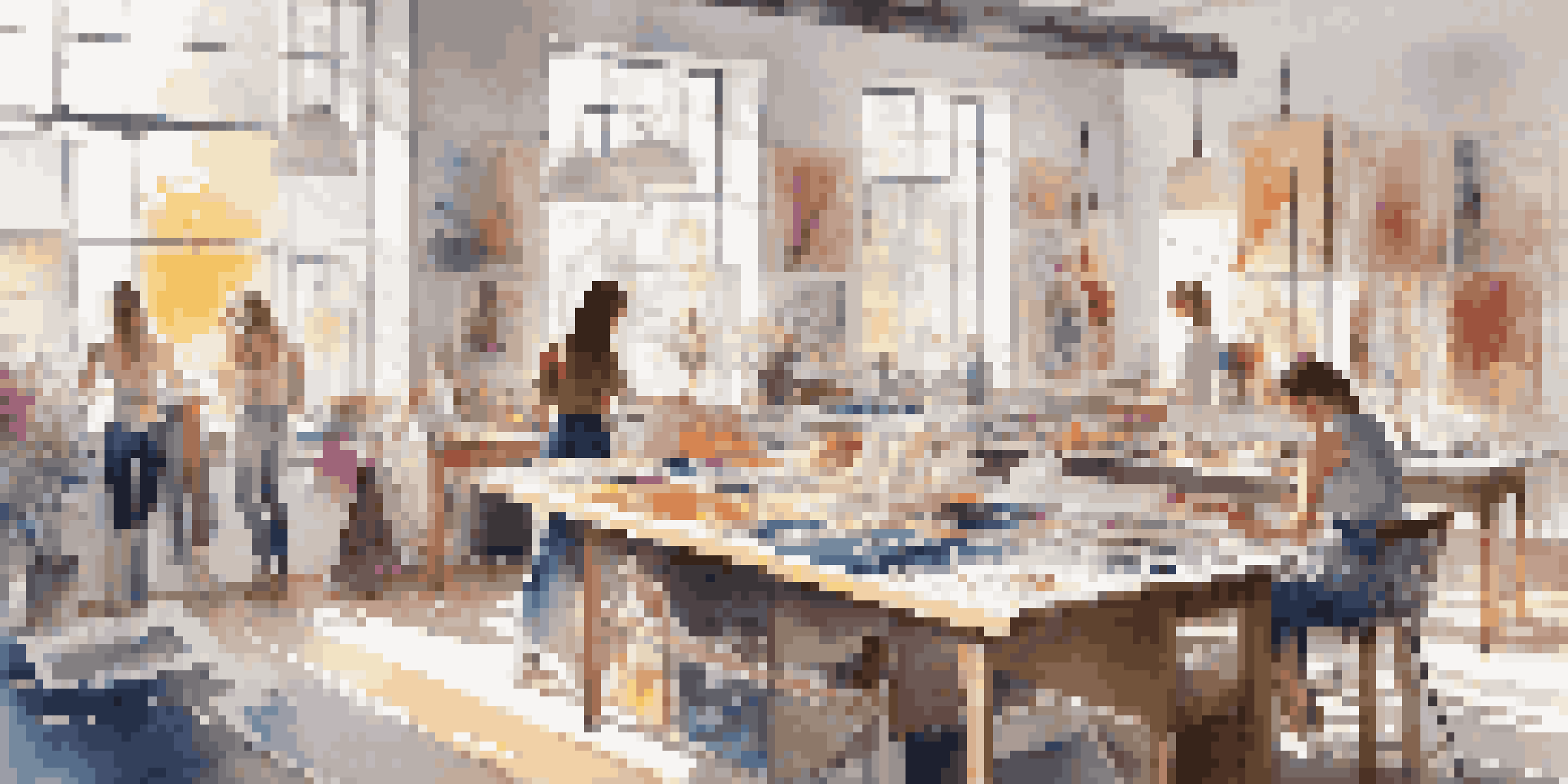 A fashion design studio with sketches, fabric swatches, and a designer working on a table, illuminated by sunlight.