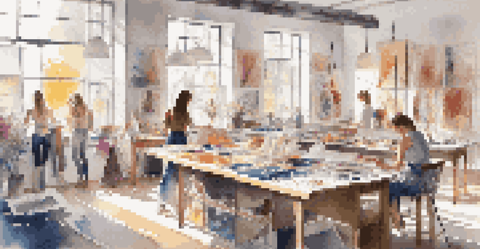 A fashion design studio with sketches, fabric swatches, and a designer working on a table, illuminated by sunlight.