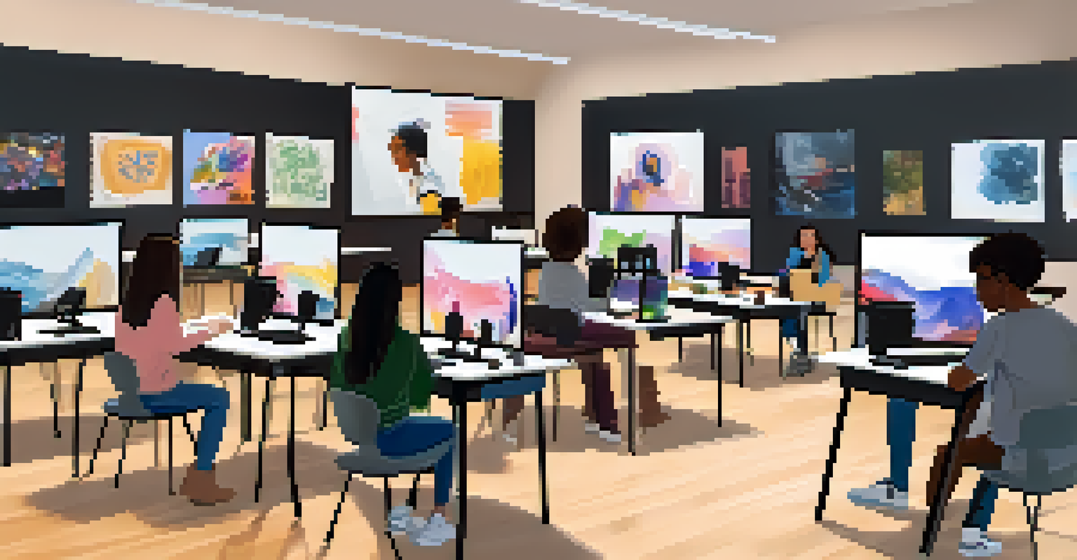 A group of students engaged in an online art workshop, working on their art while following an instructor on their laptops.