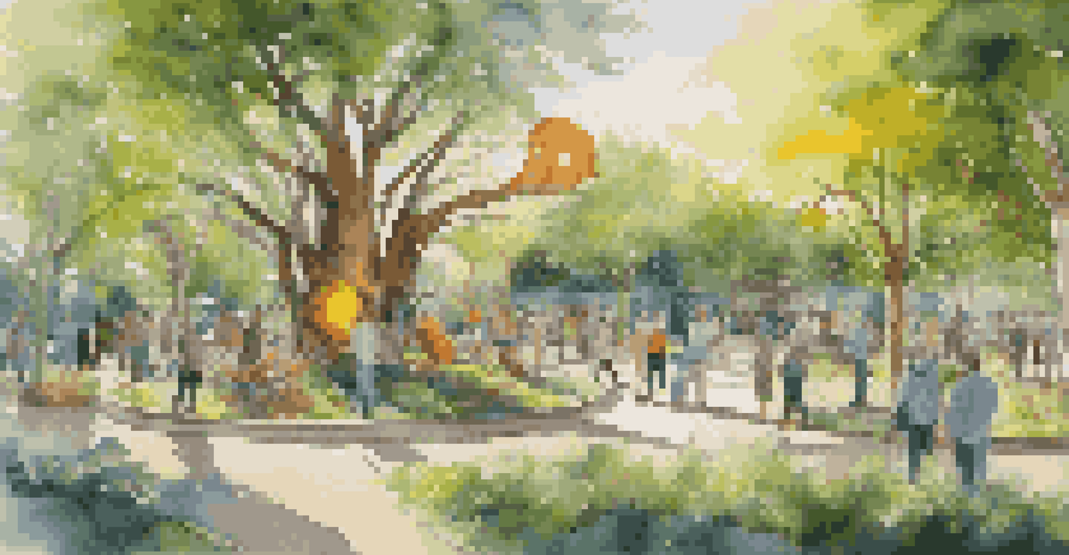 A recycled art installation in a park, showcasing colorful sculptures of wildlife with sunlight filtering through trees.