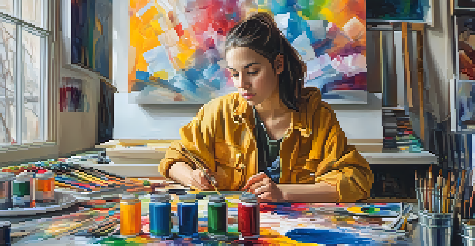 A young artist focused on painting in a colorful and bright studio filled with art supplies.