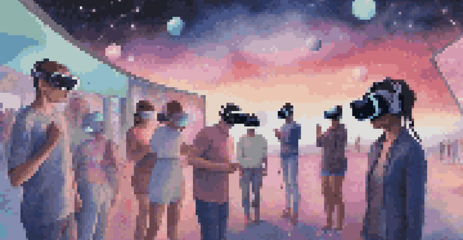 People at an outdoor digital art exhibition wearing VR headsets, surrounded by holographic representations of gender identities in a twilight setting.