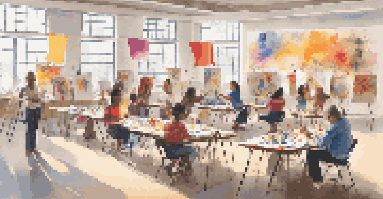 A community art workshop with diverse participants creating art in a cultural center.