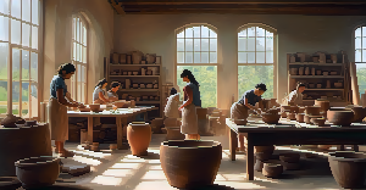 Participants in a pottery workshop creating art, surrounded by tools and clay, with natural light illuminating the room.