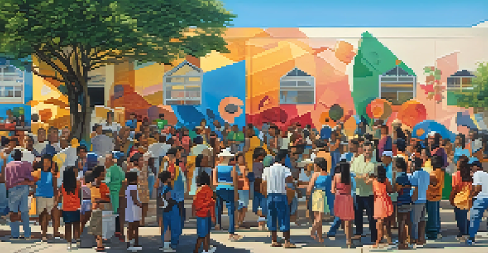 A colorful mural illustrating a diverse community engaged in artistic activities, with soft sunlight creating gentle shadows.