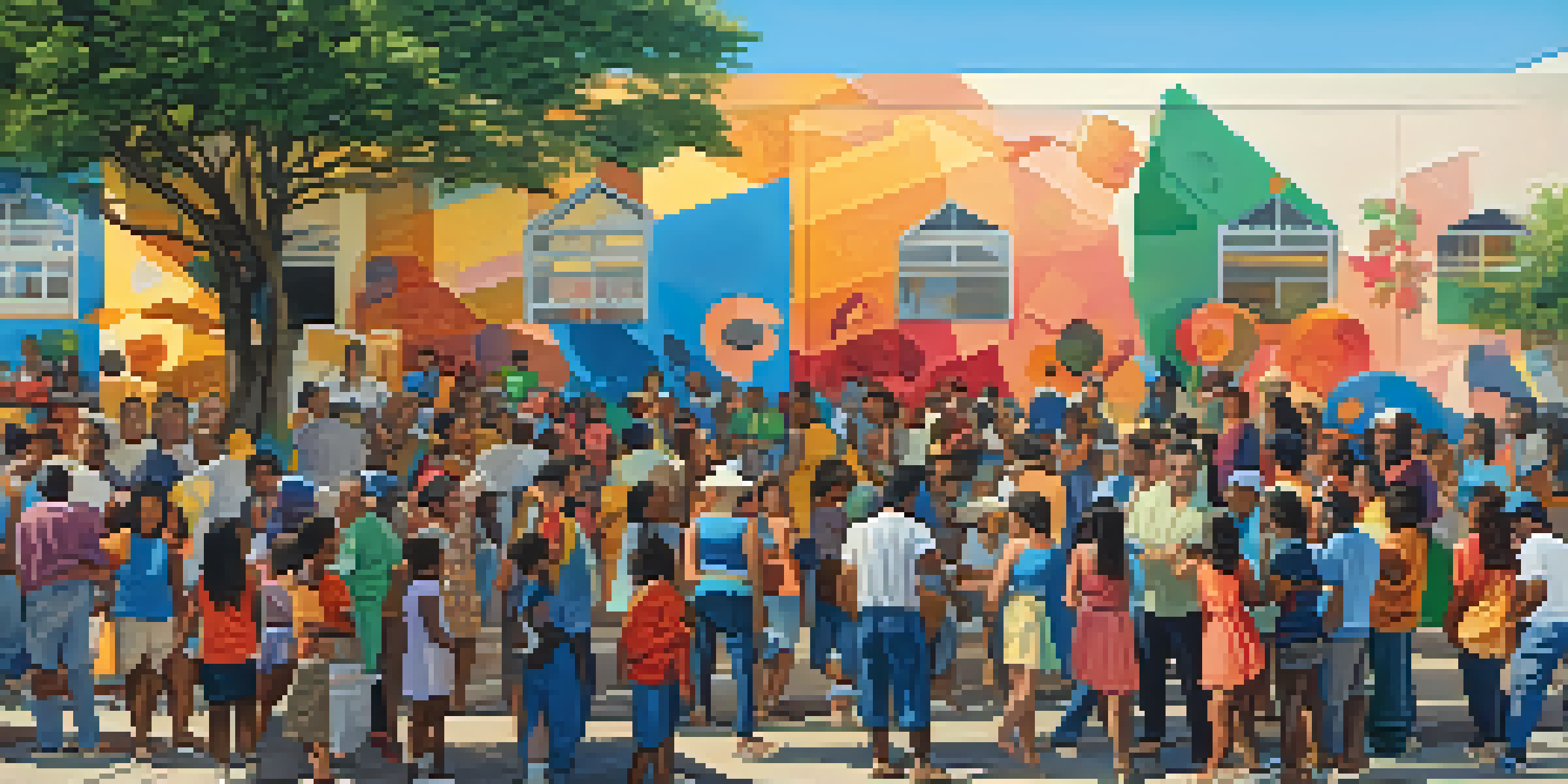 A colorful mural illustrating a diverse community engaged in artistic activities, with soft sunlight creating gentle shadows.