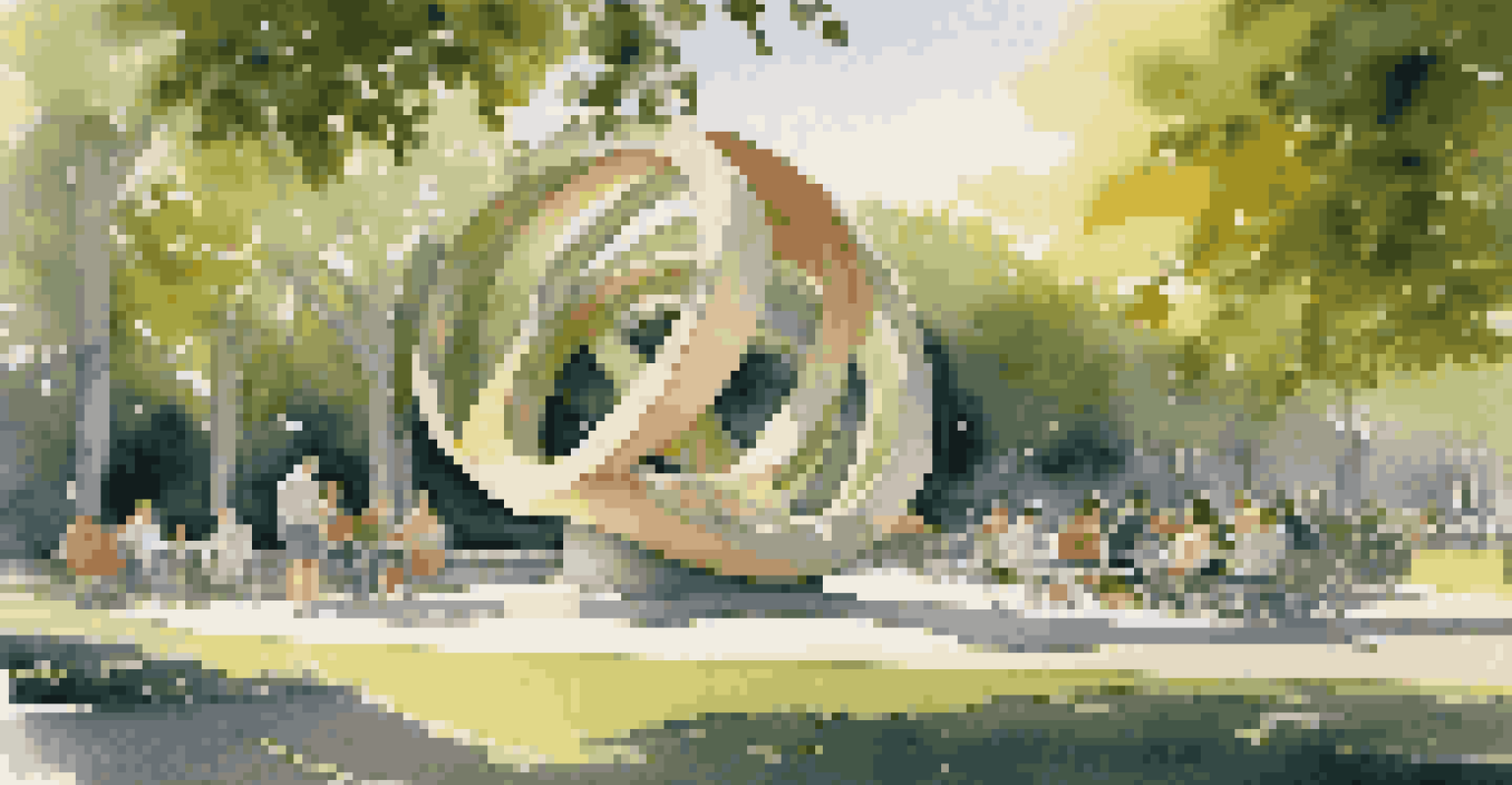 An abstract sculpture in a park surrounded by greenery and families, with late afternoon sunlight casting shadows.