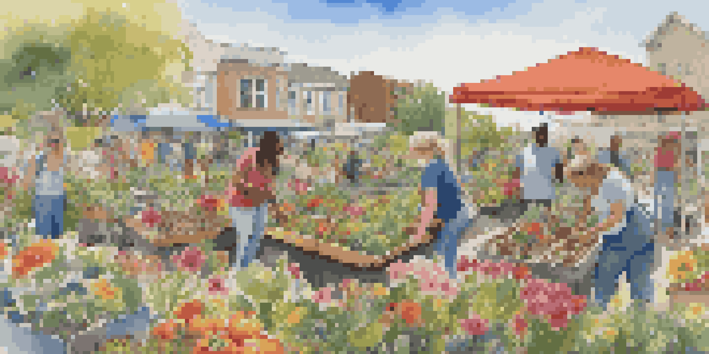 A lively community garden with diverse people working on art projects made from recycled materials, surrounded by colorful flowers and vegetables.