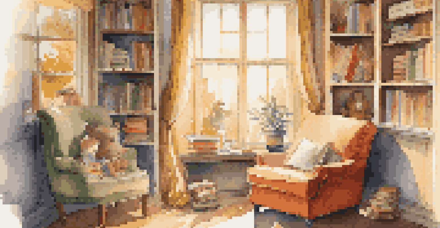 A bright and inviting reading corner with children's books and illustrations, illuminated by sunlight.