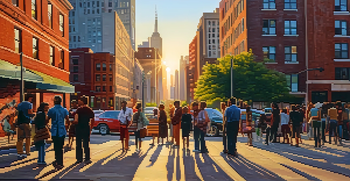 A lively street scene with colorful street art on brick walls and modern skyscrapers in the background. People are gathered, enjoying the sunset.