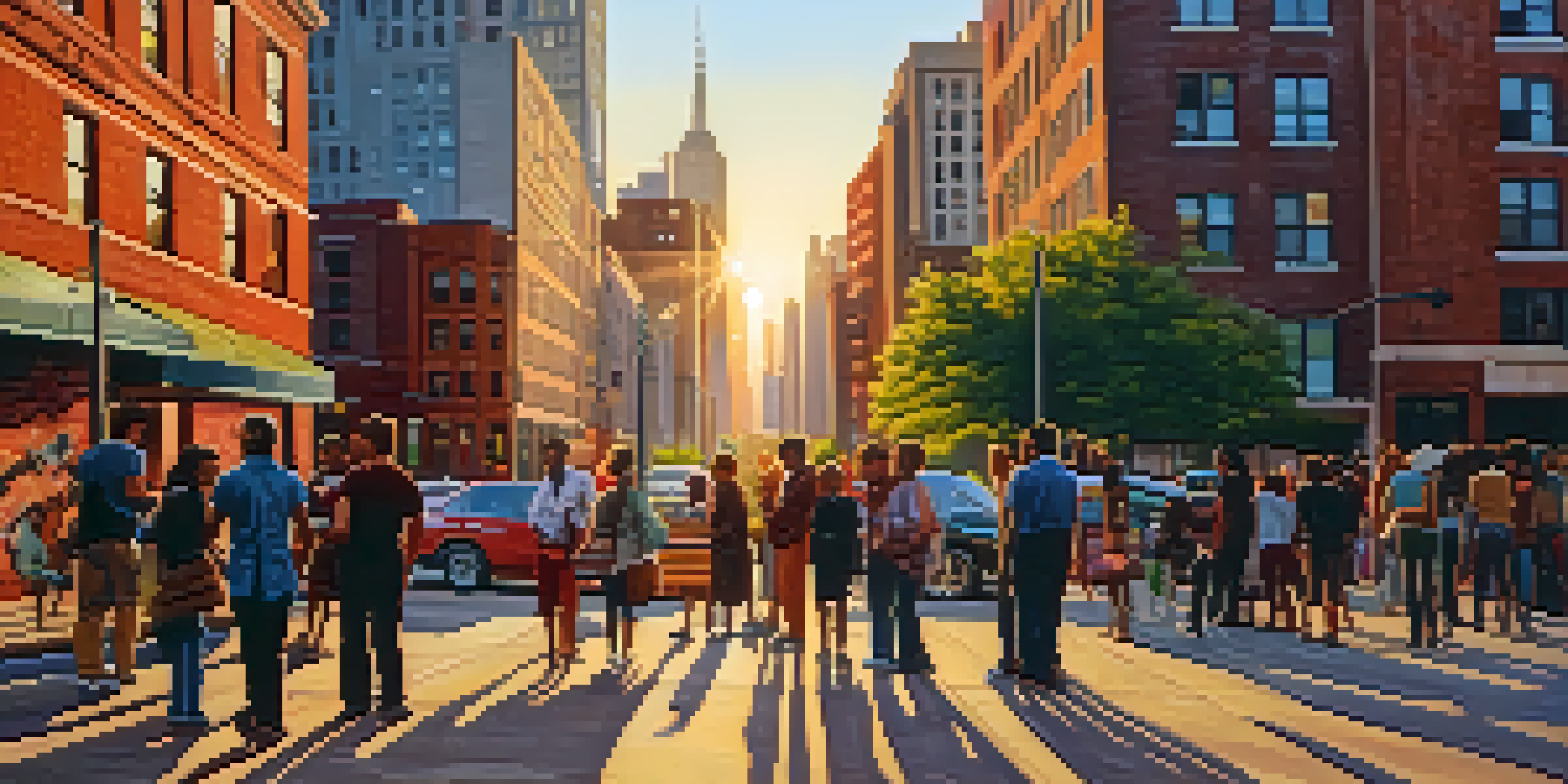 A lively street scene with colorful street art on brick walls and modern skyscrapers in the background. People are gathered, enjoying the sunset.