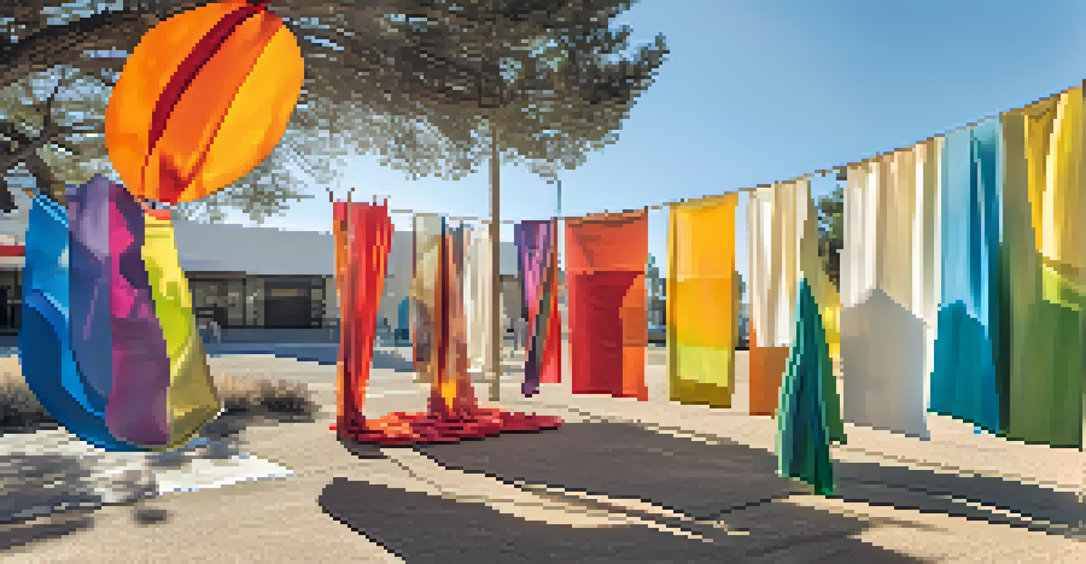 An outdoor art installation made of recycled materials, featuring sculptures that represent the fluidity of gender, surrounded by colorful fabrics and sunlight creating shadows.