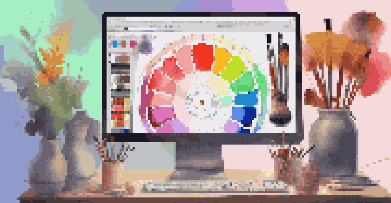 A digital color wheel on a screen with brushes and color palettes, illustrating color theory.