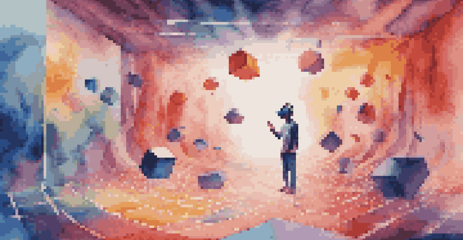 A person wearing a VR headset exploring a colorful 3D soundscape with floating shapes and sound waves.