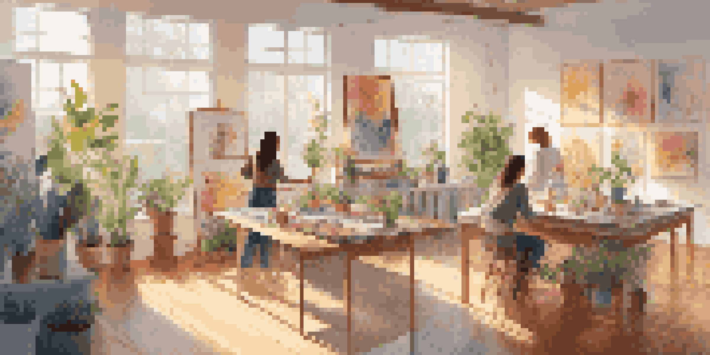 A contemporary art studio with female artists working together, filled with colorful artworks and natural light.