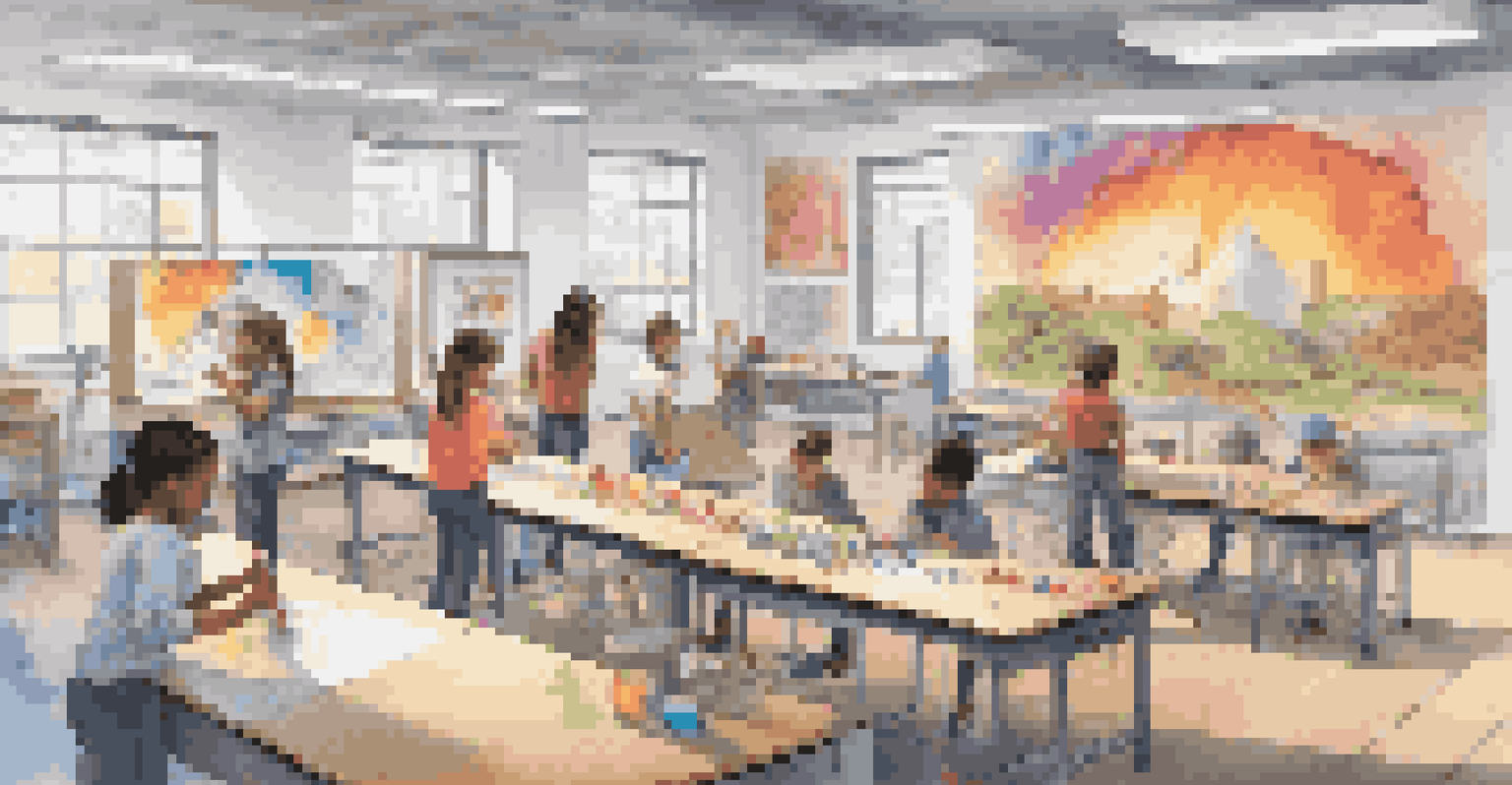 A vibrant classroom scene showing students participating in a STEAM workshop, building models and painting murals to illustrate the fusion of art and science.