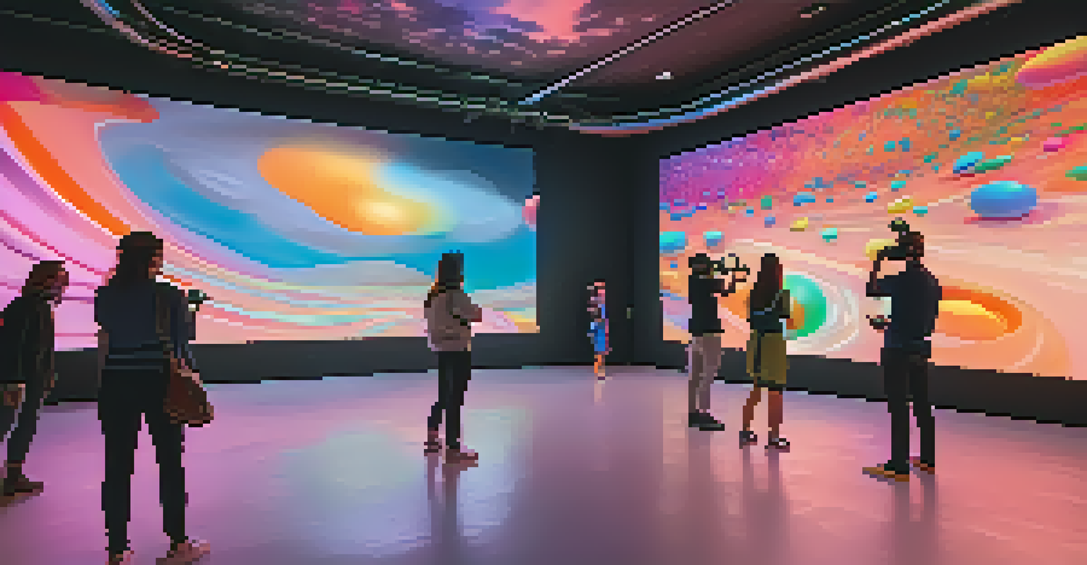 Visitors in a gallery wearing VR headsets, surrounded by colorful projections and soft ambient lighting creating a dreamlike atmosphere.