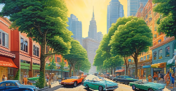 A colorful mural illustrating a forest merging with a cityscape, highlighting the relationship between nature and urban living.