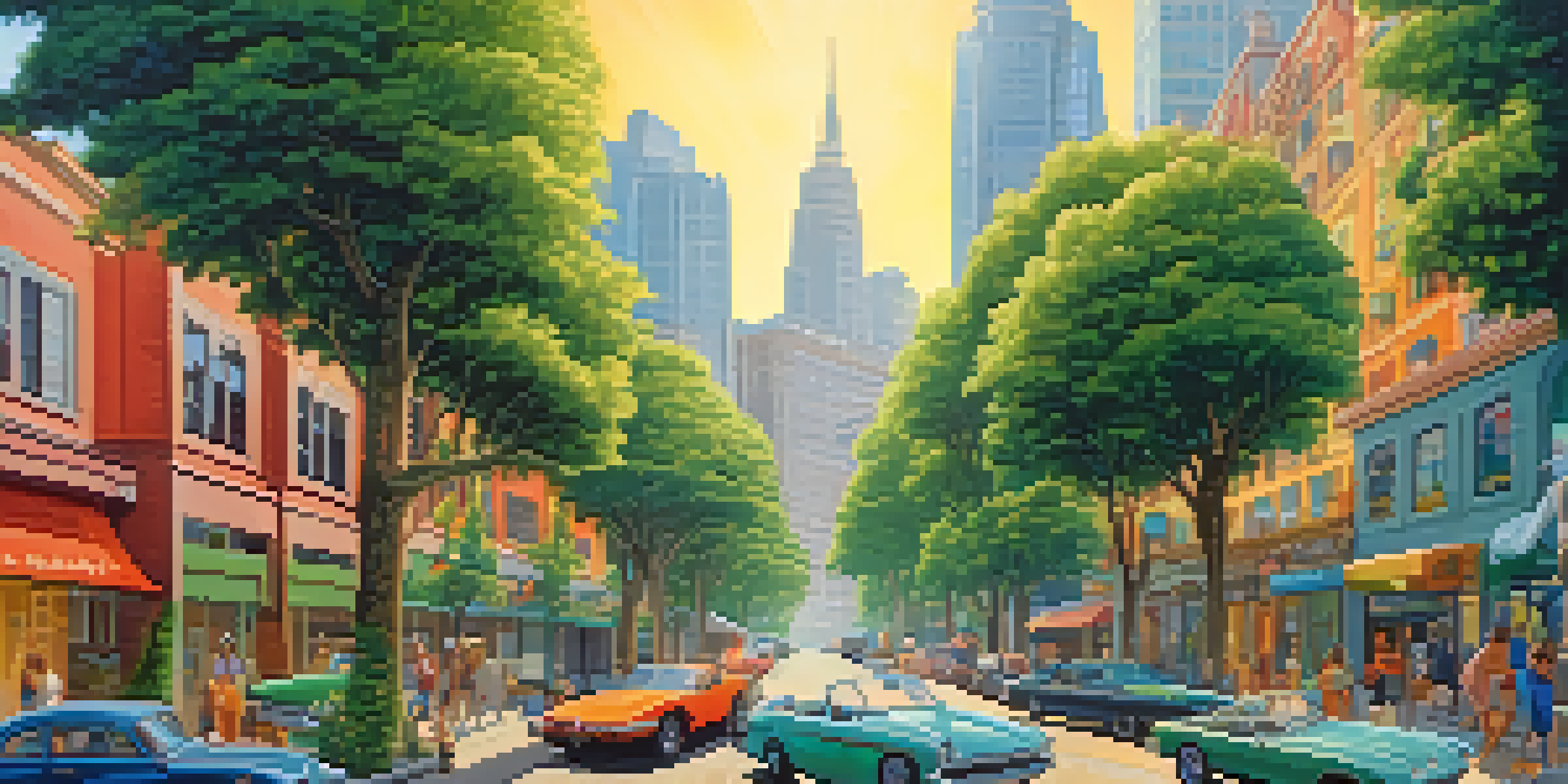 A colorful mural illustrating a forest merging with a cityscape, highlighting the relationship between nature and urban living.