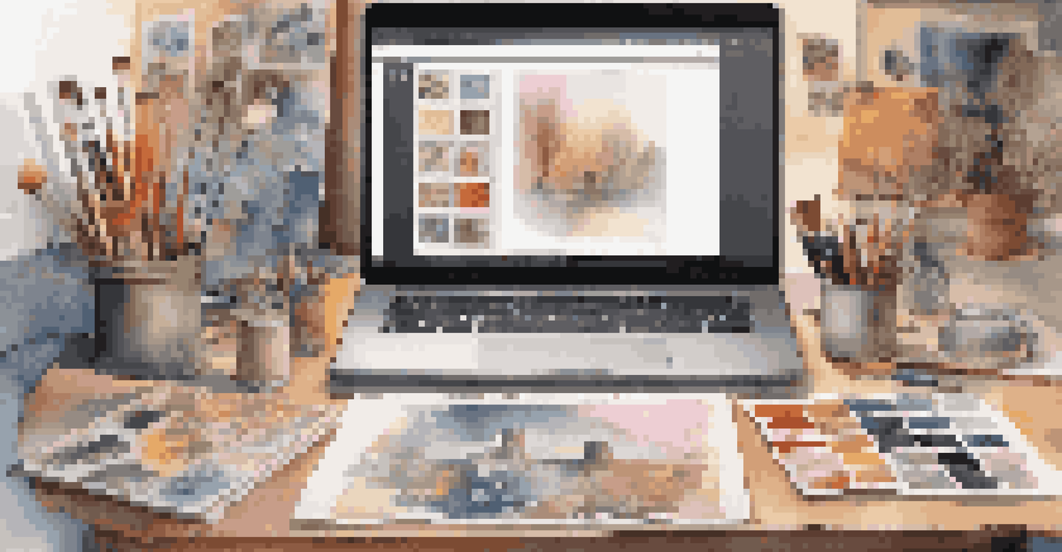 A laptop displaying a colorful digital portfolio of artworks, surrounded by art supplies in a cozy workspace.