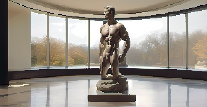 A lifelike sculpture of a human figure on a marble pedestal in a gallery, illuminated by natural light.