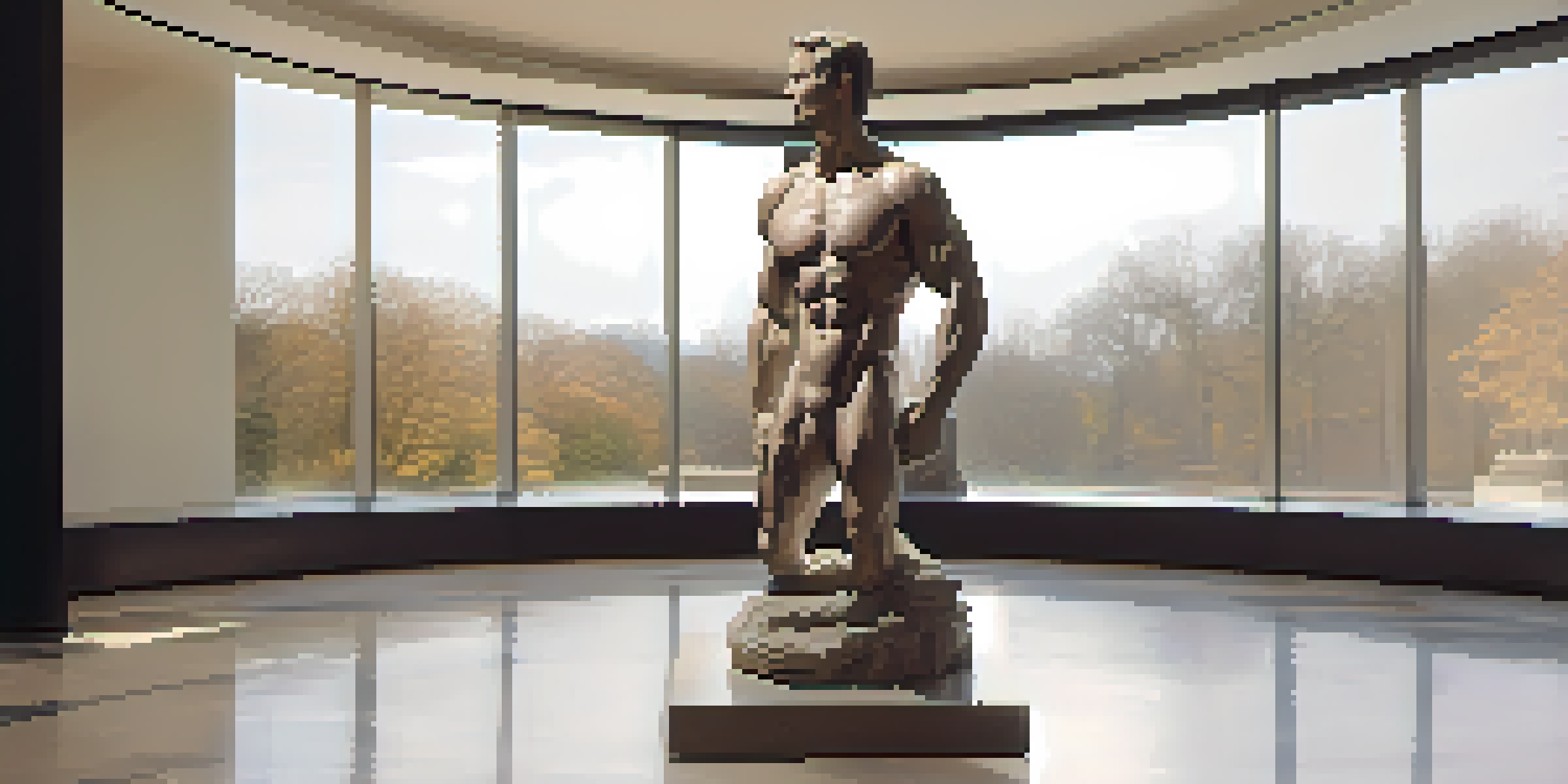 A lifelike sculpture of a human figure on a marble pedestal in a gallery, illuminated by natural light.