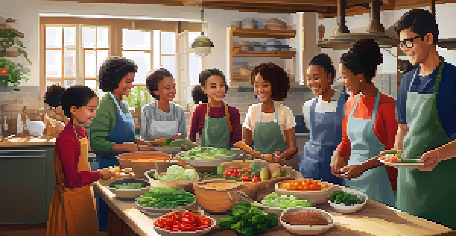 A warm cooking class environment where diverse participants are preparing traditional dishes together.