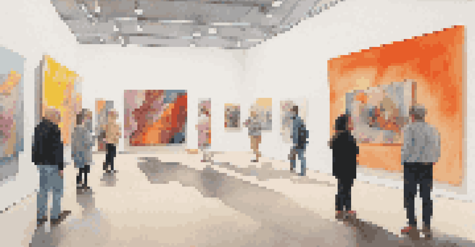 A contemporary art exhibition featuring various art forms and a diverse audience, highlighting inclusivity.