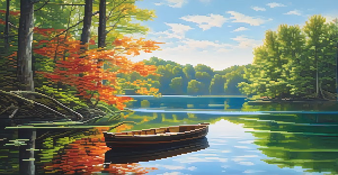 A tranquil lake with a wooden boat surrounded by green forests under a blue sky.