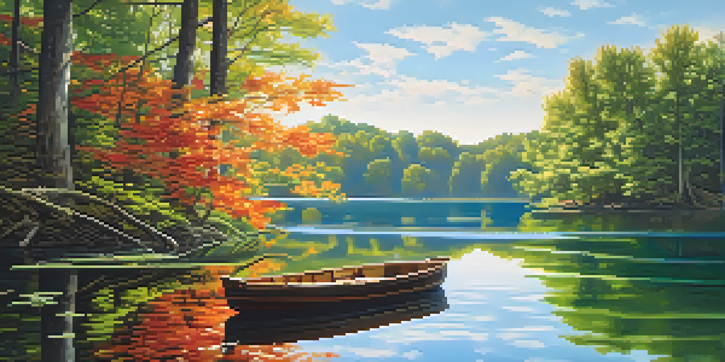 A tranquil lake with a wooden boat surrounded by green forests under a blue sky.