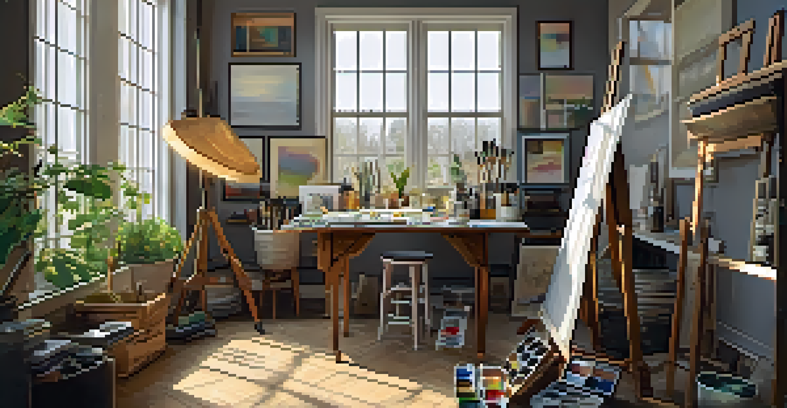 A cozy artist's studio featuring a work-in-progress painting on an easel, surrounded by art supplies and personal items, illuminated by soft natural light.