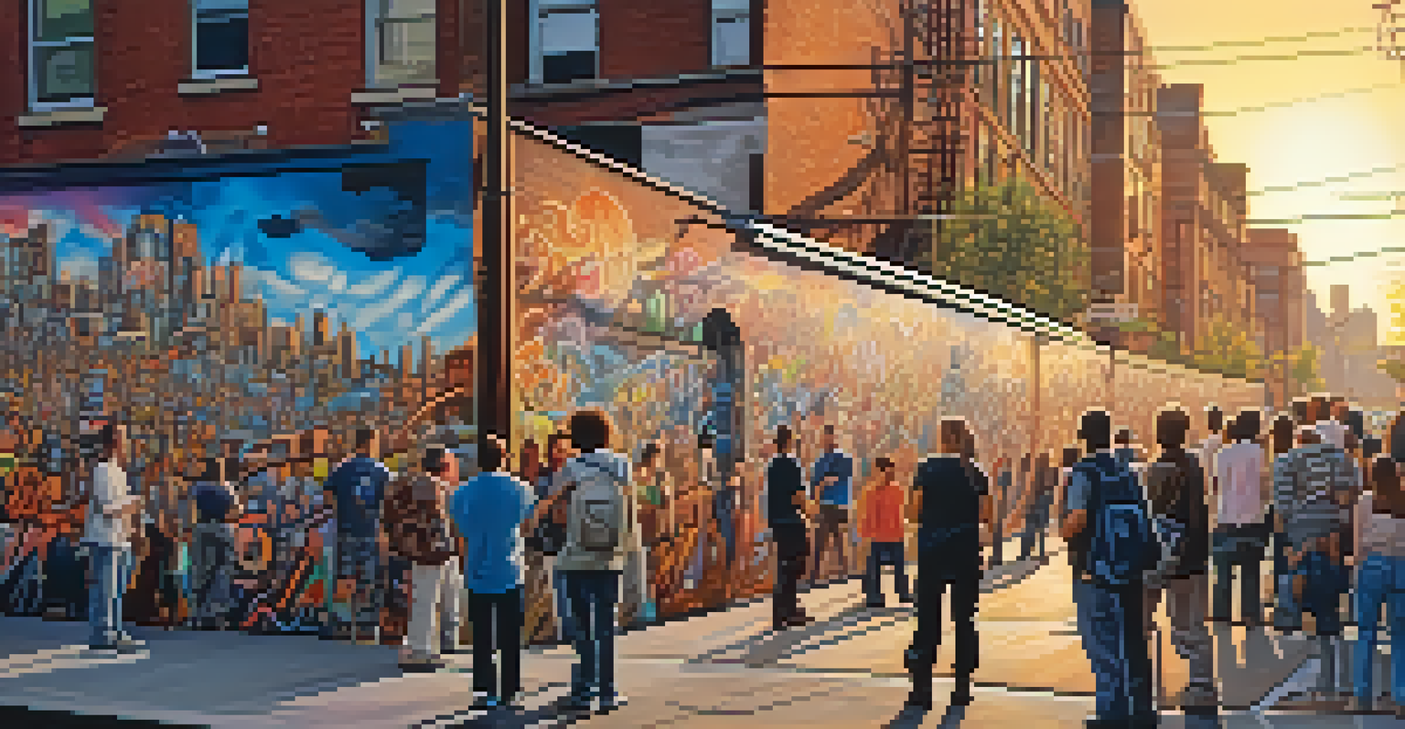 A busy urban street with people admiring large graffiti murals, artists at work, and a warm sunset enhancing the vibrant colors.